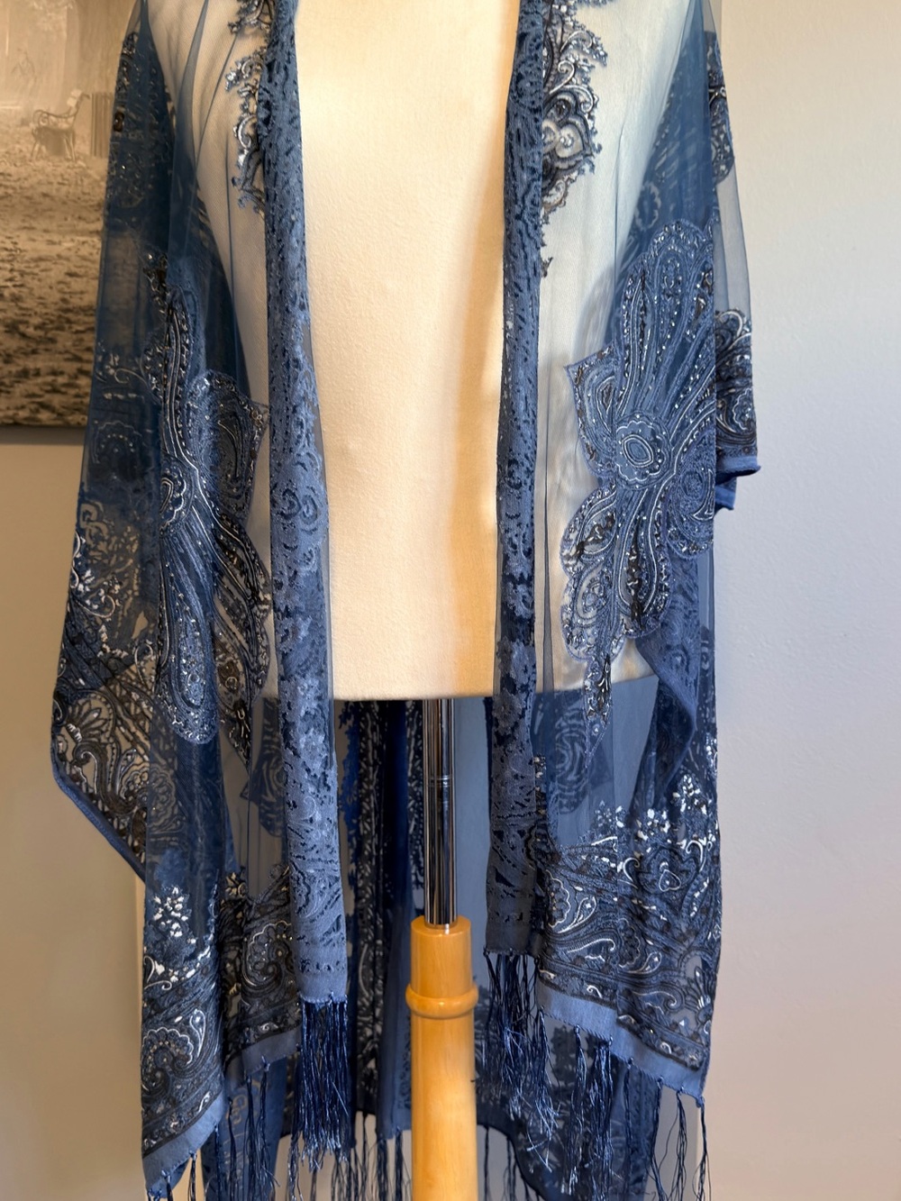 David and Young Sheer Navy Blue Beaded Kimono with Fringe